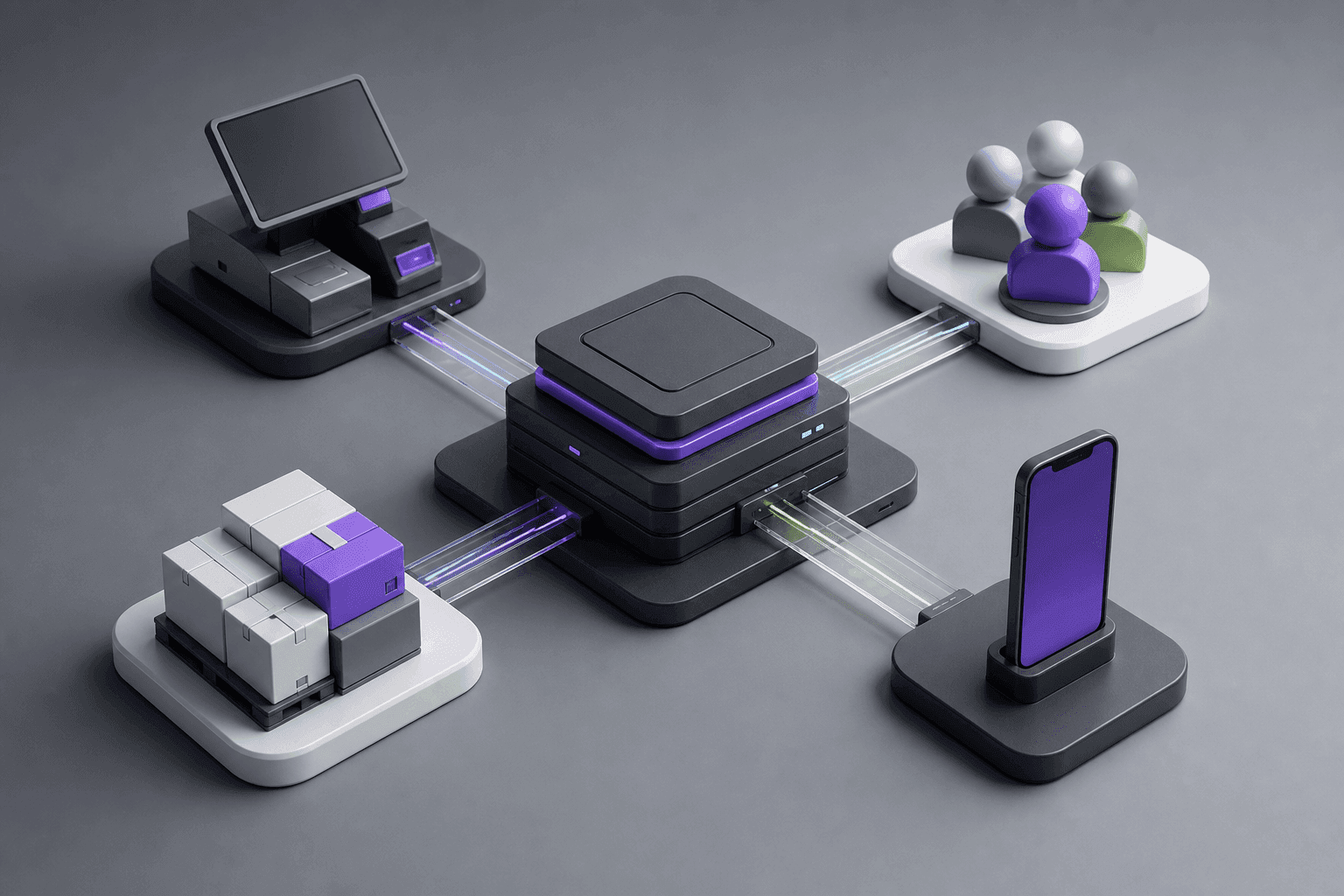 A designed visualization connecting POS, CRM, inventory, and mobile software modules