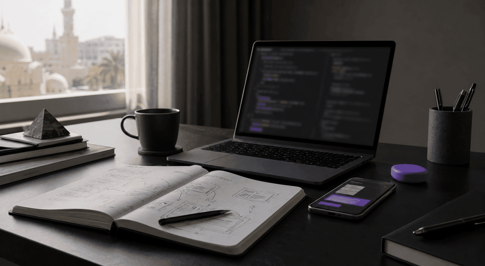 A developer workspace in Cairo with architecture sketches, a laptop, and a mobile prototype