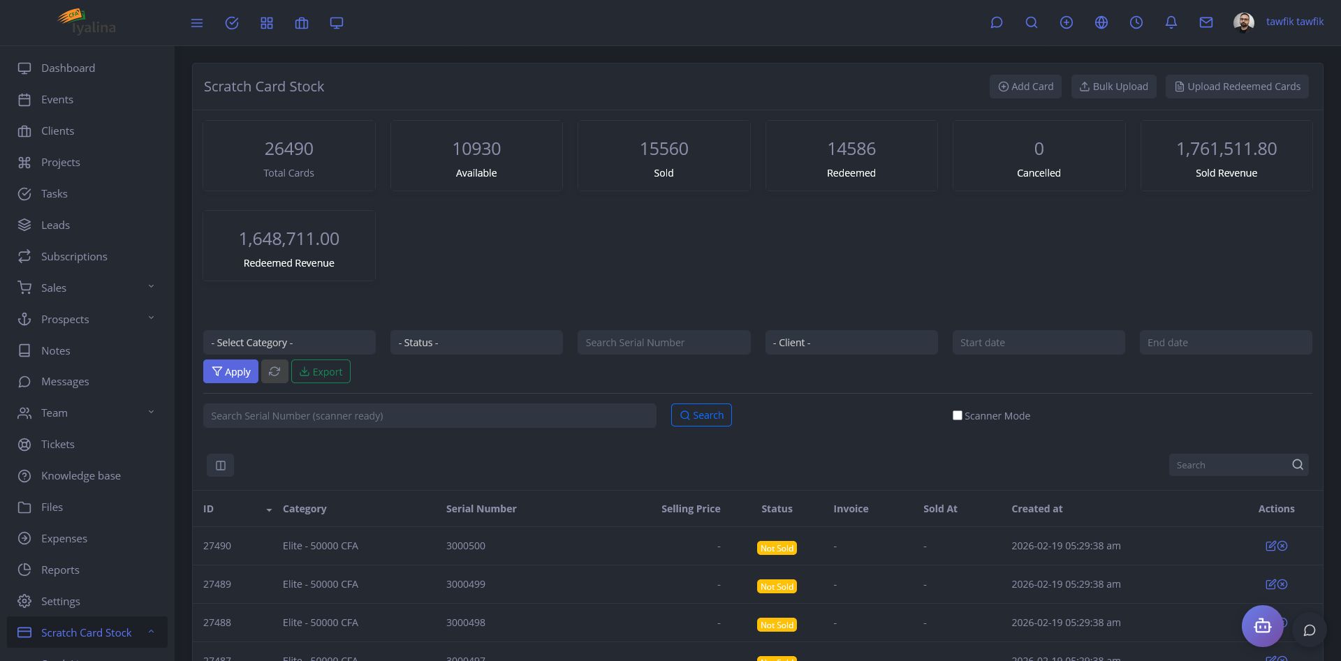 Scratch card stock dashboard with card totals, filters, and serial number search